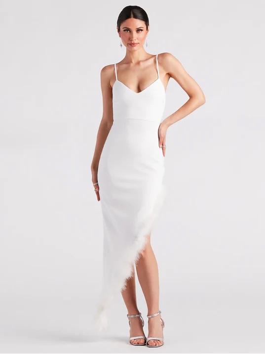 Windsor White Asymmetrical Feather-Trim Spaghetti Strap Dress